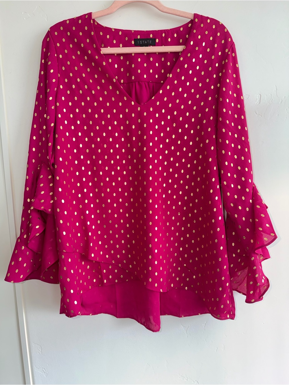1.STATE Pink Gold Metallic Polka Dot Bell Sleeve Blouse L NWT